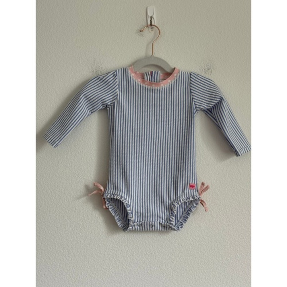 RuffleButts Rash Guard Swimsuit 12-18m Blue Seersucker Stripe Ruffle‎ Sun Suit